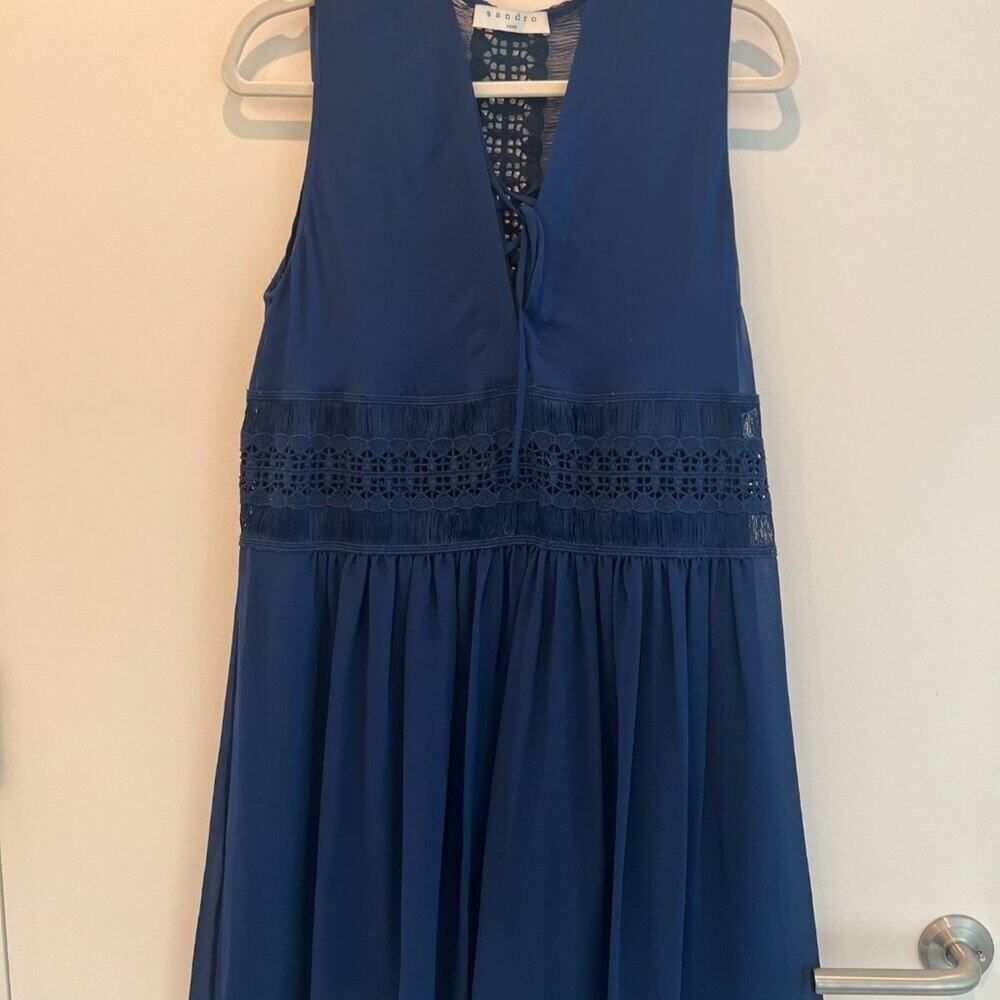 Sandro Paris Navy Blue Lace V-Neck Mini Dress Size 2 French Designer Party - Picture 3 of 7